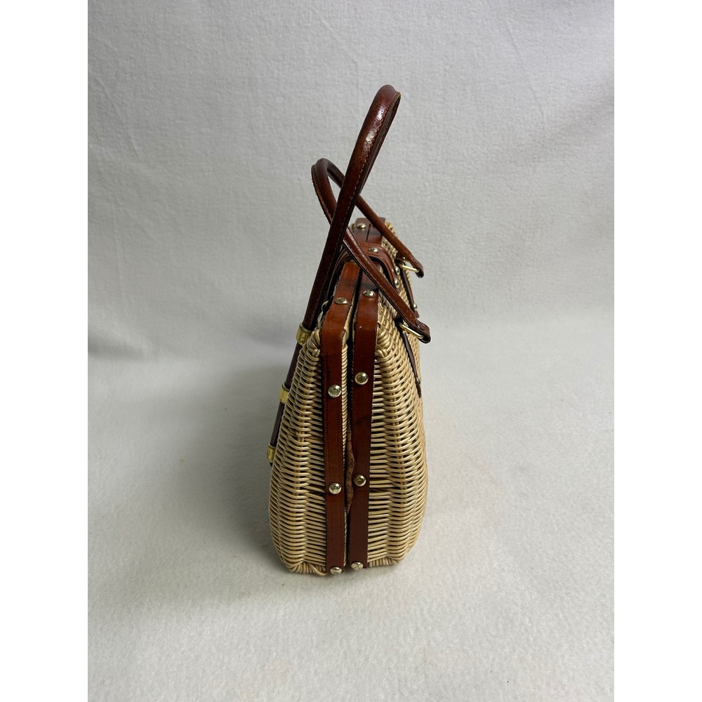 Cottagecore Vintage Women Medium Brown Wicker Leather Satchel Classic Timeless - Picture 11 of 12